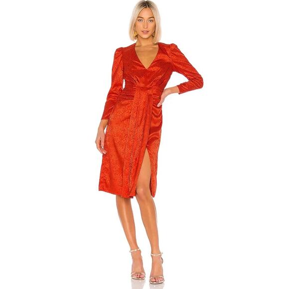 SAYLOR Dresses & Skirts - SAYLOR Farrow Orange Satin Cheetah Spot Box Pleat Long Sleeve Midi Dress Size xs